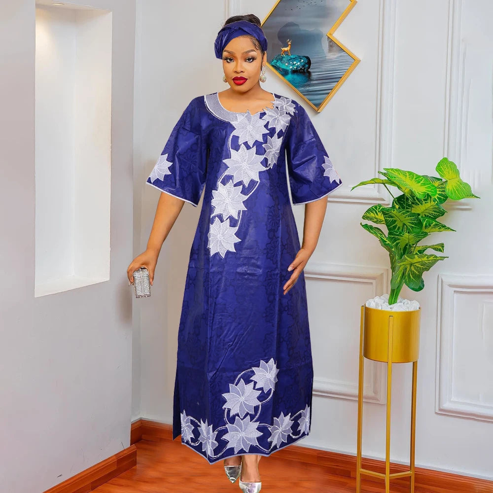 H&D New Style African Clothes For Women Traditional Embroidery Dresses Blue Bazin Women High Quality Party Wedding Occasion