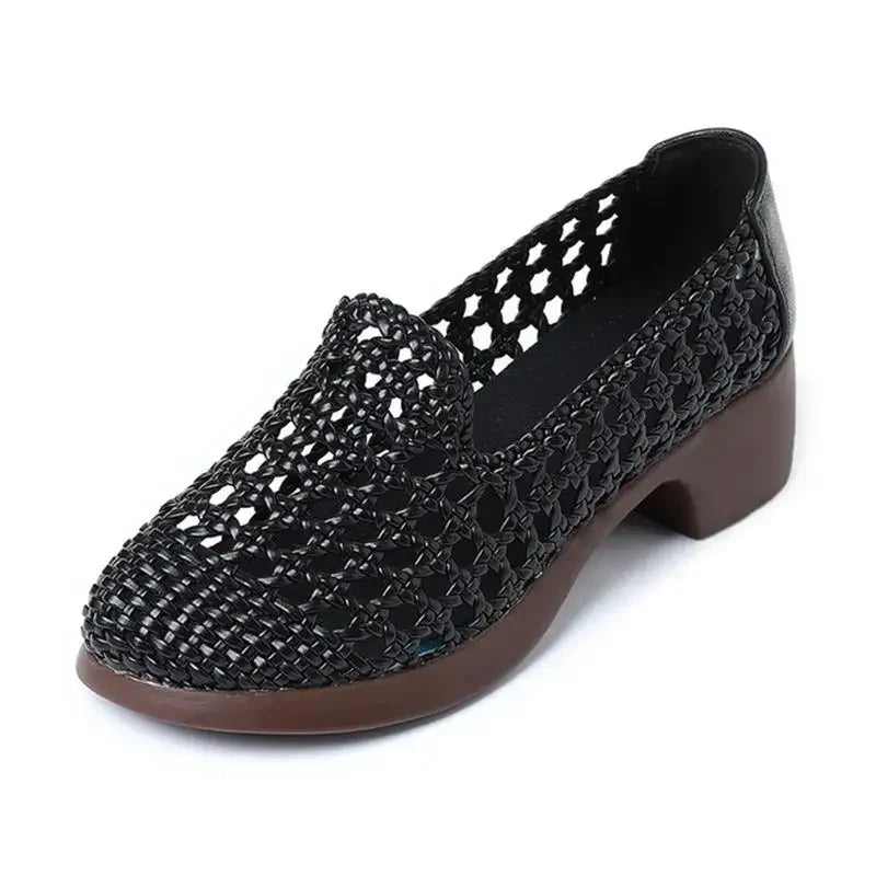 Summer Hollow Woven Breathable Shoes Women Sandals Big Size Thick Heels Genuine Leather Shoes Summer Casual Sandals