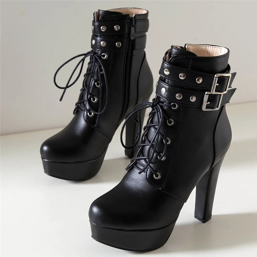 Women Ankle Boots Platform Lace-Up High Heels Short Boot Female Buckle Autumn Winter Red Yellow White Sexy Shoes Large Size34-46