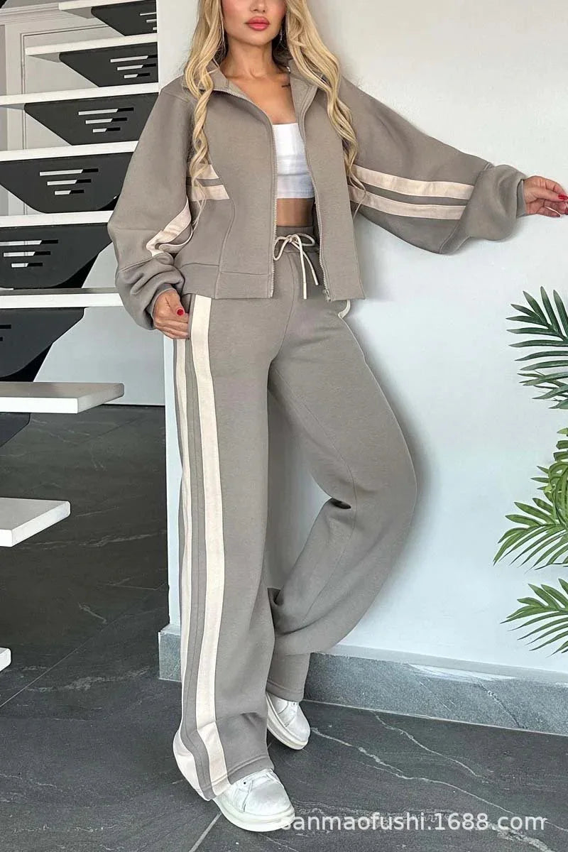 Y2K Striped Zipper Coat+sweatpants Two Piece Set Women Casual Batwing Sleeve Sports Jacket Outfits Autumn Winter Sweatshirt Suit
