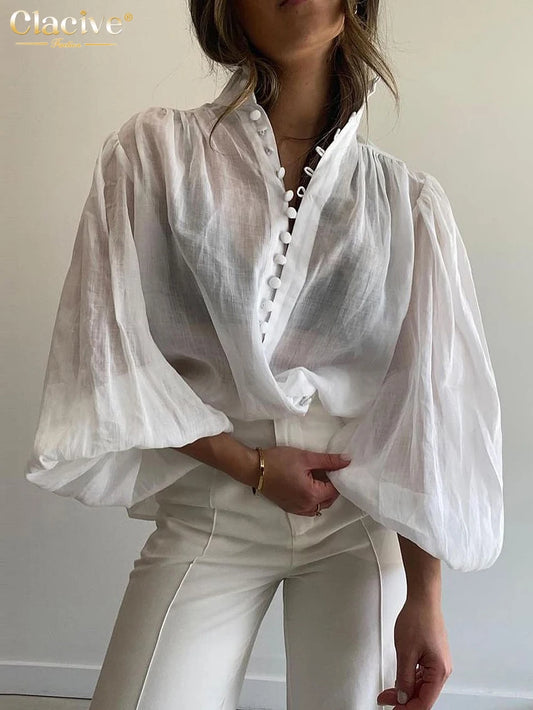 Stand Collar Puff Sleeve Cotton Blouse