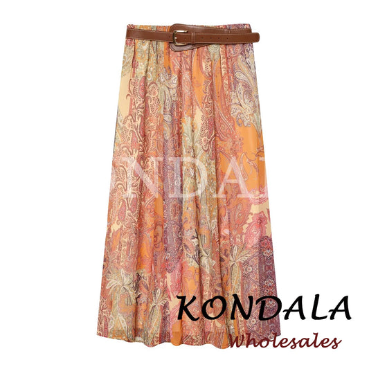 KONDALA Vintage Print Summer Modern Print Long Skirt Fashion 2026 Sashes Draped Elegant Holiday Bohemian Female Vintage Skirt