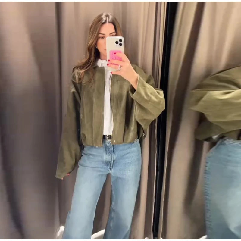 Fashion Suede Green Jackets Coat Women Lapel Full Sleeve Zipper Bomber Coats 2026 Spring New Loose Lady Street Solid Outwears