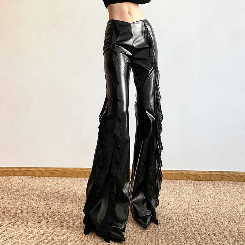 Punk Style PU Leather Pants Gothic Black Lace-paneled Trouser Sexy High-waisted Slim Flared Pants 2026 Summer Women's Clothing