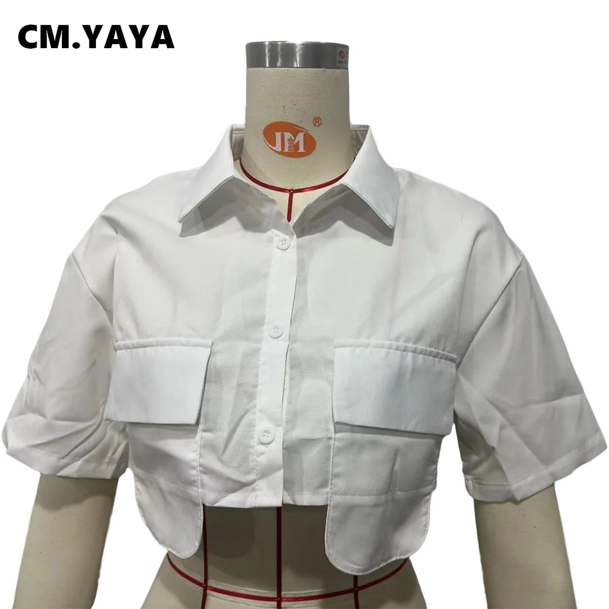 CM.YAYA Summer Street Women Shirts Fashion Single Breasted Pocket Front Irregular Short Sleeve Mini Blouse Holiday Shirt Tops