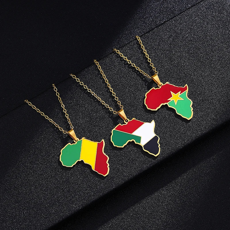 African Map Flag Pendant Necklace Stainless Steel Men Women Rwanda Sudan Uganda Zimbabwe Zambia Ethnic Maps Jewelry Gift