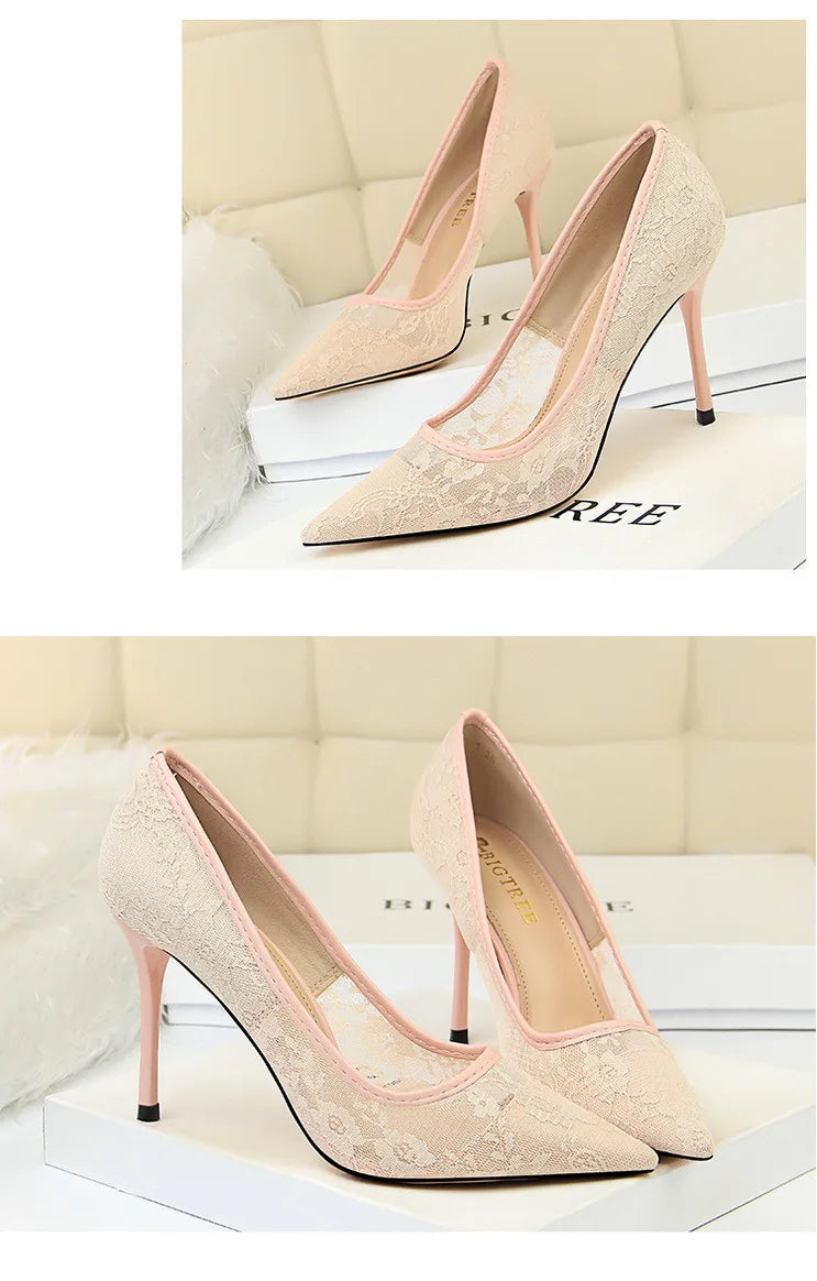 Women Fashion Sexy Pumps High Heels Shoes Female Sexy Wedding Shoes Ladies Stiletto Women New Pointed Toe Mesh Hollow Lace Heels
