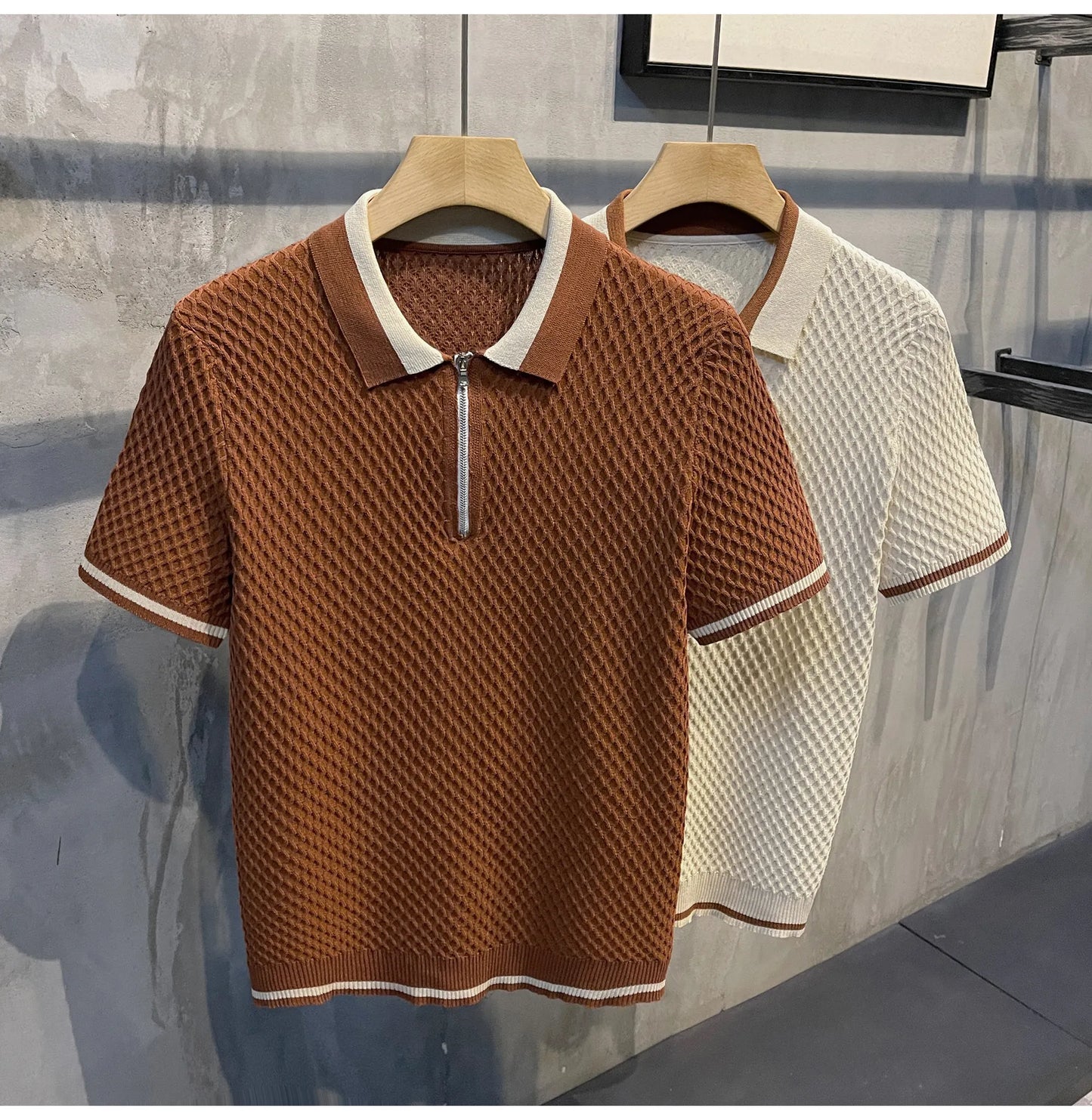 2026 Men's Casual V-Neck Knitted Jacquard Polo Shirt Solid Color Short Sleeve Solid Color Shirt Breathable Luxury Clothing B24