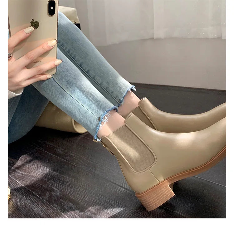 2026 Autumn/Winter Ankle Boots Women Basic Chelsea Botas Mujer Low Thick Heels Short Booties PU Leather Slip On Stretch Botines