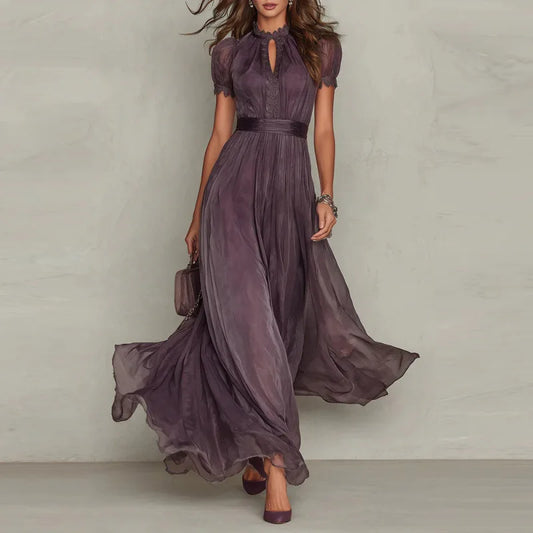 V Neck Maxi Dress Women Spring Summer Waist Cinching Dresses Ruffle Hem Chiffon Flowy Evening Gown Party Outfit Clothes