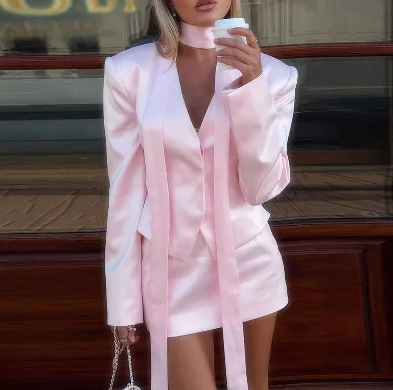 Women Skirt Set V-neck Necktie Detail Cropped Satin Blazer Solid Mini Skirt Elegant Formal Party Office Outfit 2 Piece Suit Y2K