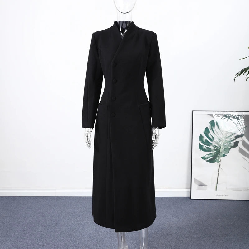 Elegant Long Coat Women V-neck Solid Slim Single-breasted Waist-closed Jackets Lady 2026 Spring Chic Female Streetwear