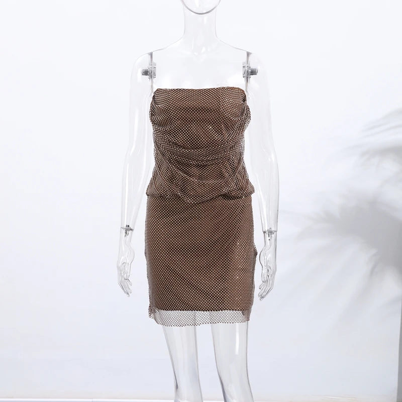 Sexy Rhinestone Strapless Vest Mini Skirt Sets Women Pleated Sleeveless Backless Tops Short A-line Skirts 2025 Summer Lady Suits