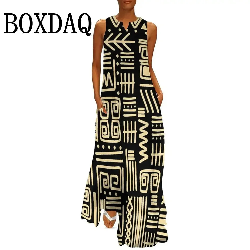 African Ethnic 3D Print Dress Summer Women Street Style Casual Sleeveless Long Dresses Women Loose Sundress Vintage Maxi Dresses
