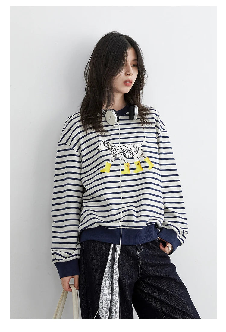 CHIC VEN New Women T-Shirts Loose Casual Round Neck Striped Dog Print Long Sleeved Female Tees Pullover Autumn Winter 2025