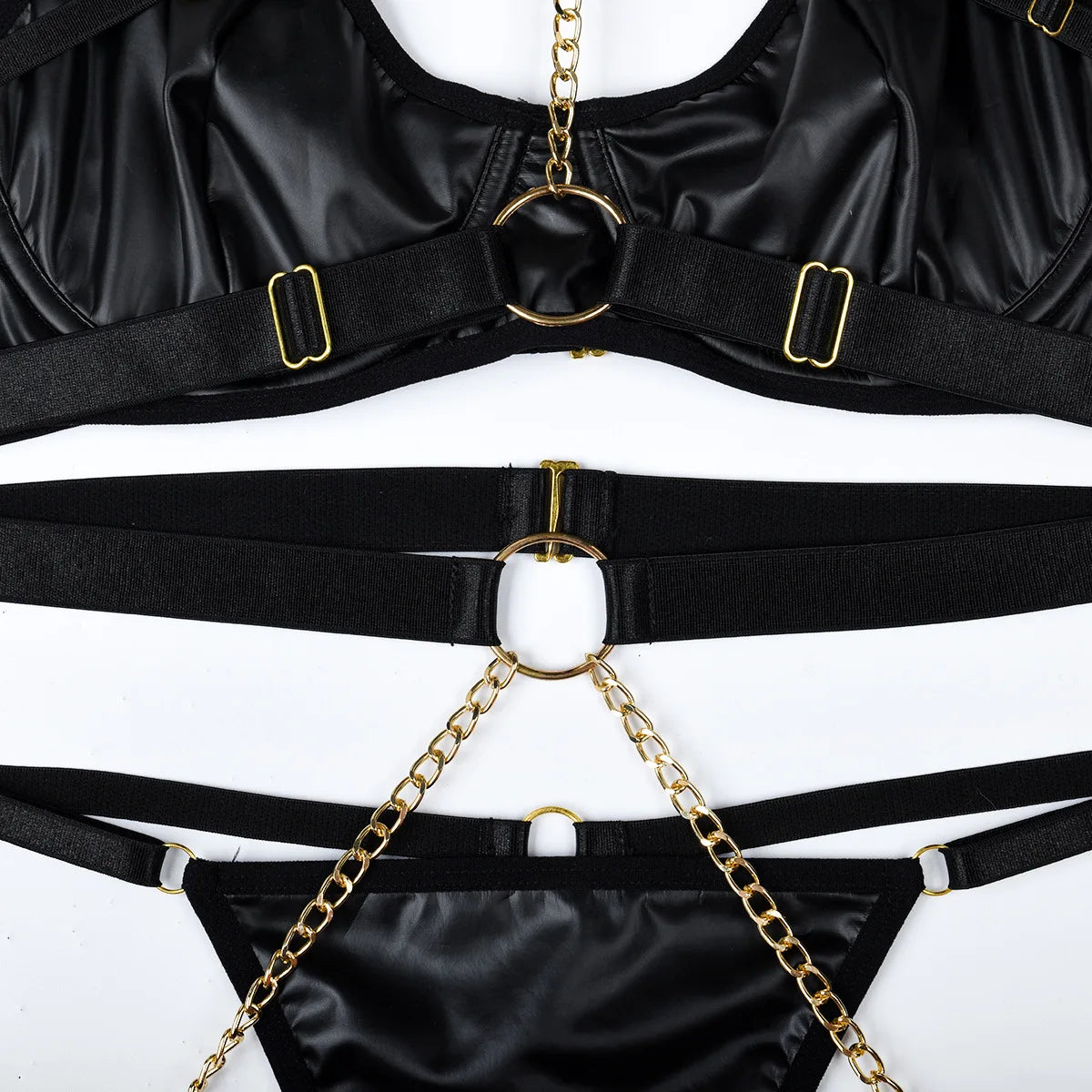 Women Sexy Lingerie Three Piece Set Chain Neck Waist Seal Heavy Craft Sexy Lingerie Outfit Intimates Erotic Costume Ropa Mujer
