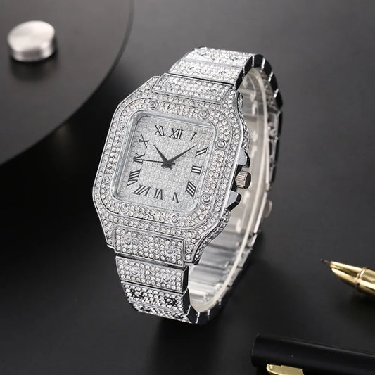 Luxury Men's Business Watches Steel Strap Square Roman Scale Rhinestone Quartz Watch Lesiure Male Wristwatch Relogio Masculino