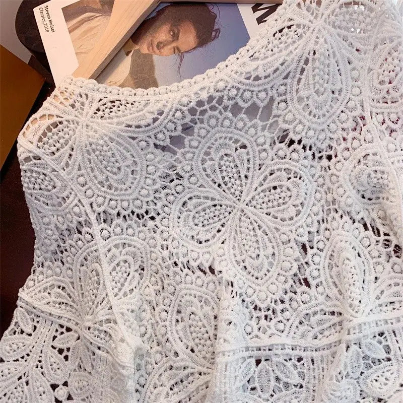 2024 Summr New Versatile Retro Sweet Lace Cut-out Crochet Shawl Cropped Top Summer Three Quarter-sleeve Hollow Out Top