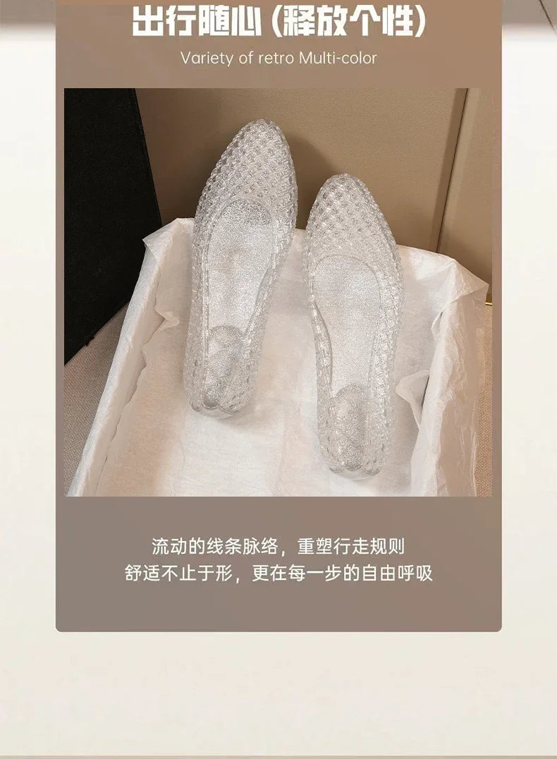 Summer Flat Sandals Women Hollow Out Crystal Plastic Jelly Shoes Mesh Outdoor Sandals