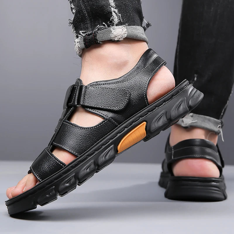 Men's Sandals Adjustable Solid Color Shoes Summer Casual Comfort with Durable Rubber Sole, Breathable PU for Outdoor Walking