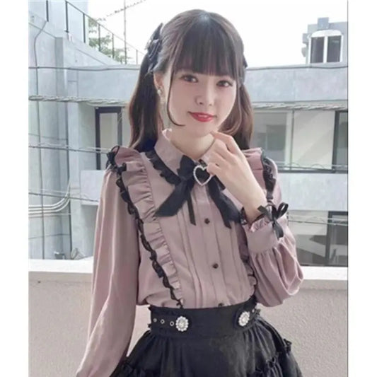 Jirai Kei Kawaii Women Shirts Lolita Y2k Cute Japanese Style Short Elegant Long Sleeve Sweet Tops Casual Aesthetic Shirt 2025