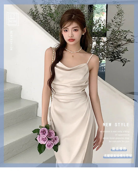 summer Europe and the United States aristocratic style texture satin pleated waist design solid color sexy slit slip dress