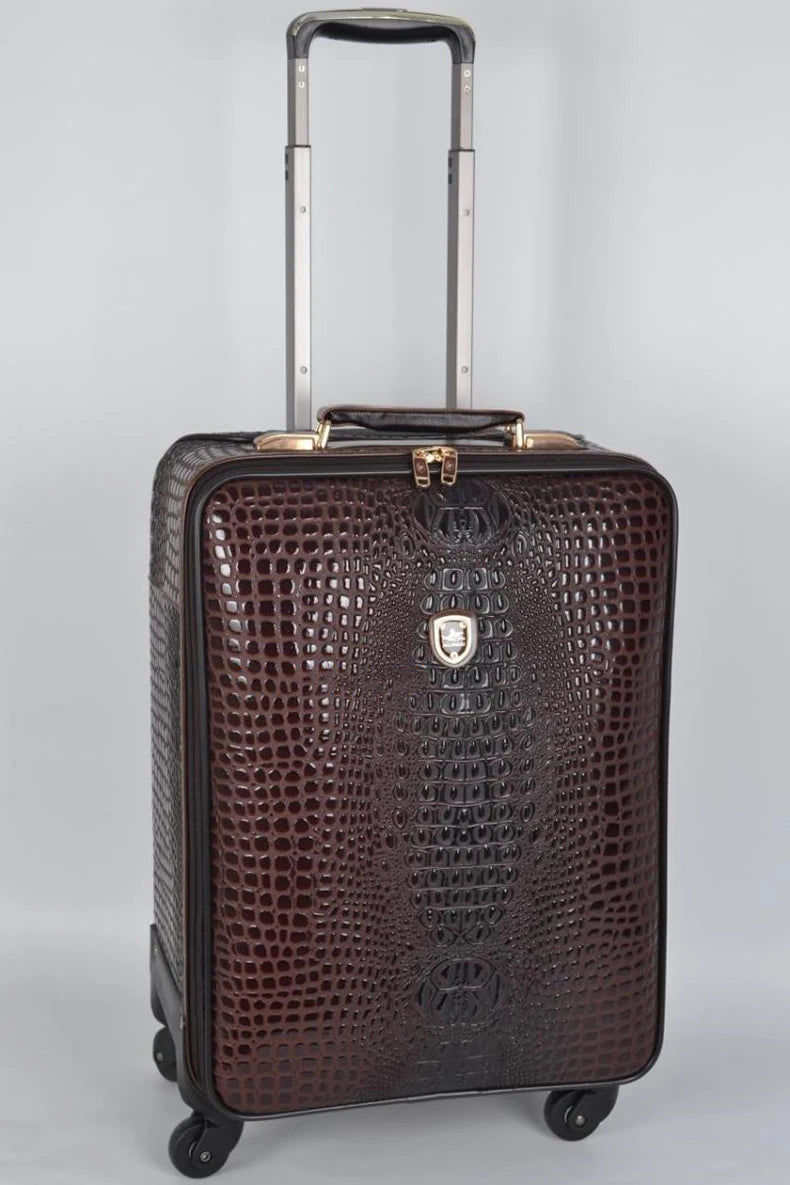 Crocodile pattern leather rolling luggage 16/20/24 inch boarding trolley suitcase real leather men's and women's travel luggage