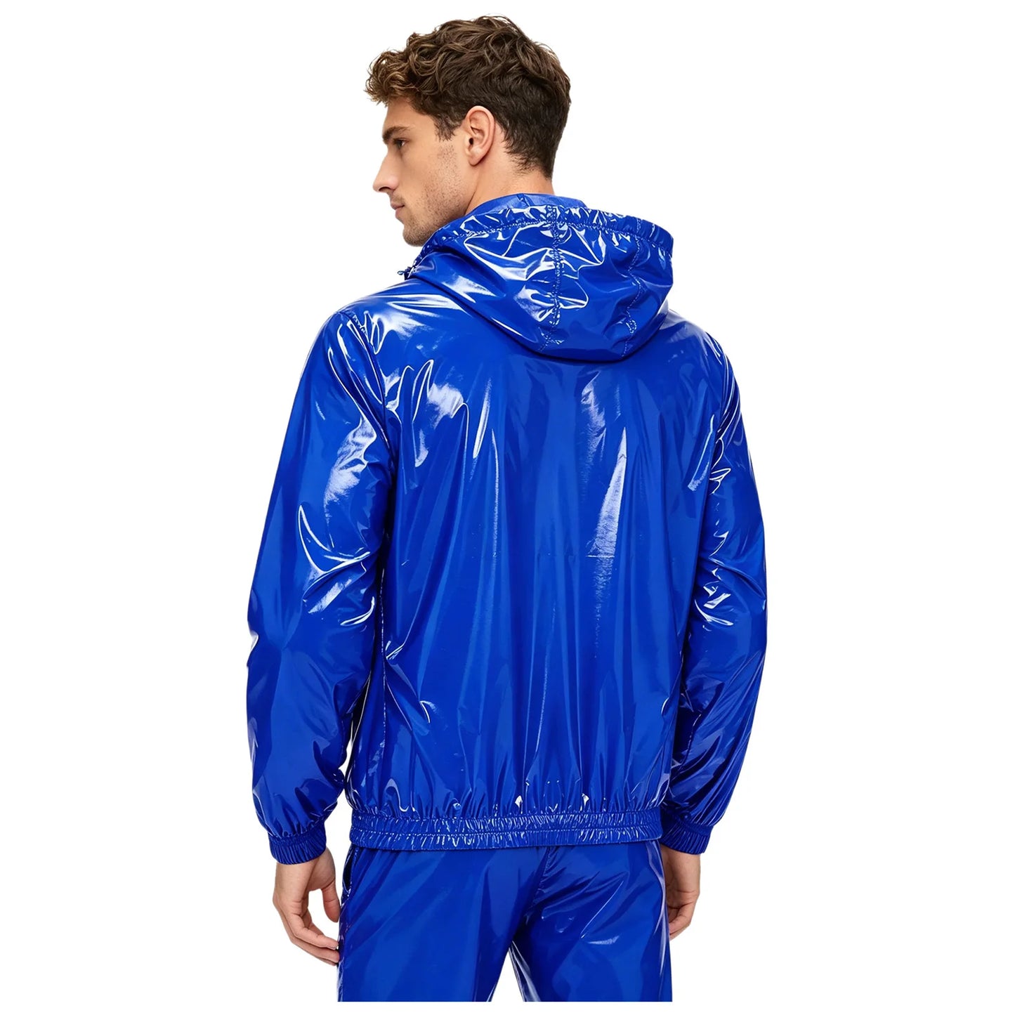 Men Shiny Glossy Hooded Jacket Windbreaker Raincoat for Hiking Fishing Biking Long Sleeve Front Zip-up Drawstring Hood Outerwear