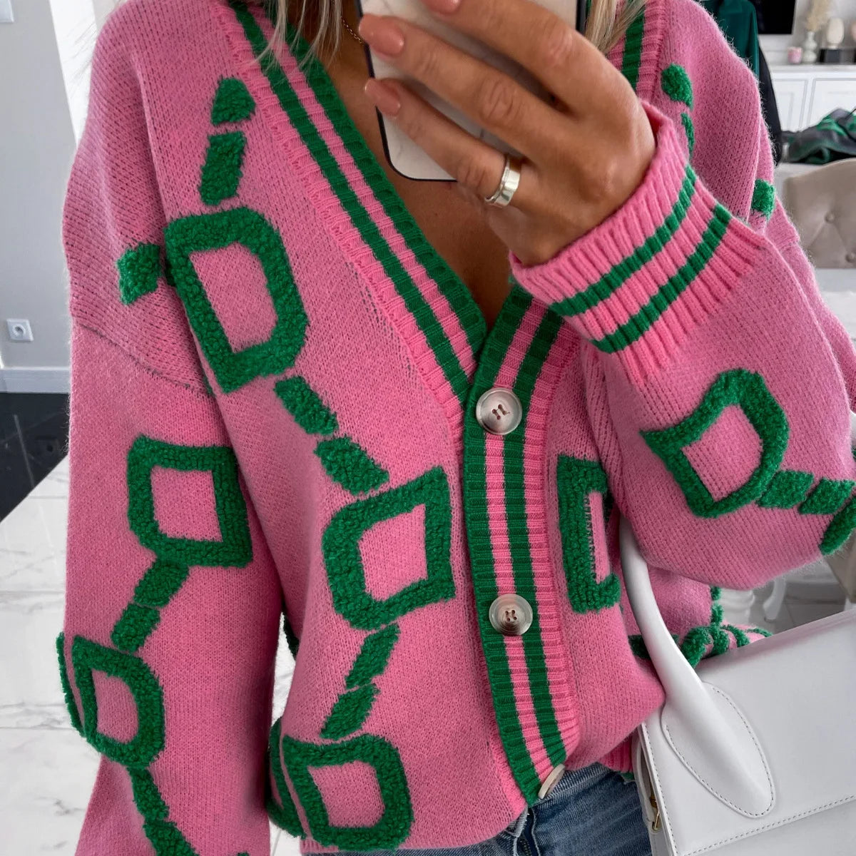 Autumn Winter Jacquard Knitted Coat Women Fashion V-neck Long Sleeve Single Breasted Knitting Cardigan Coats Female Streetwear