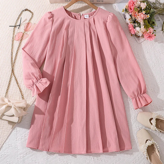Kids Spring Autumn Fashion Dress For Girls  Simple Classic Design Pink Long Sleeve Princess Party Dress Sweet Lovely Style