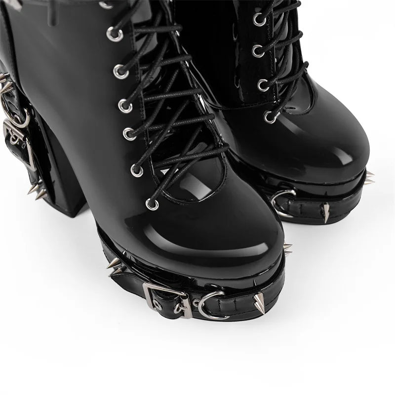 Onlymaker Women Platform Metal Buckles Lace-up Chunky Heel Ankle Boots Big Size Punk Booties