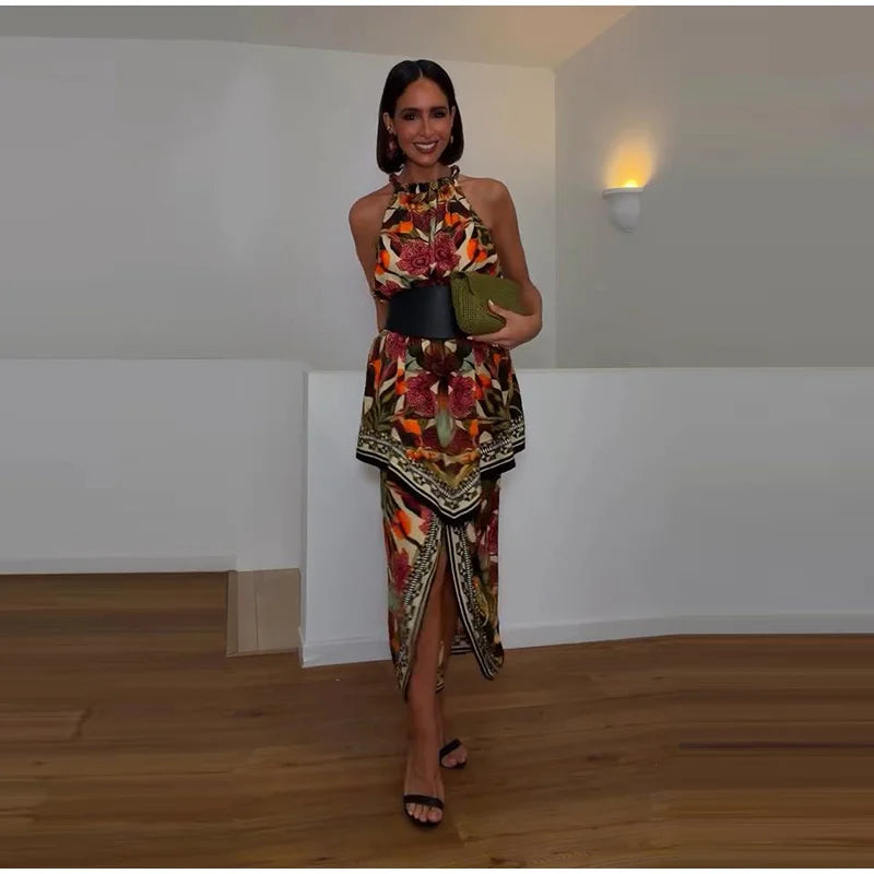 Halter Neck Floral Print Split Set Sleeveless Casual Top Tropical Wrap Slit Maxi Skirt 2026 Summer Bohemian Holiday Women Outfit
