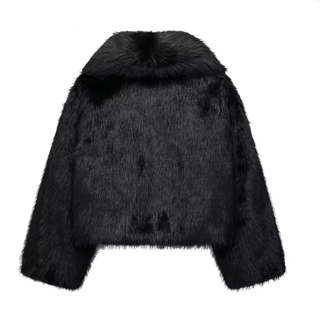 MUJER Black Faux Fur Coat for Women Autumn Winter Plush Coats and Jackets Streetwear Outerwears Long Sleeve Warm Womens Coats