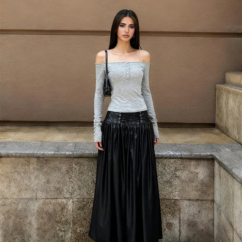 Ins Style Women's Clothing Girl Style Sexy Tube Top One-word Collar Off-shoulder Long-sleeved Slim-fit T-shirt Top