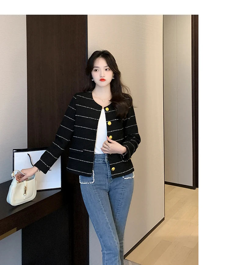 Korean Fashion Casual Small Fragrance Tweed Jacket Coat Women Fall Winter Fried Street Striped Coat Casaco Woolen Outwear Top