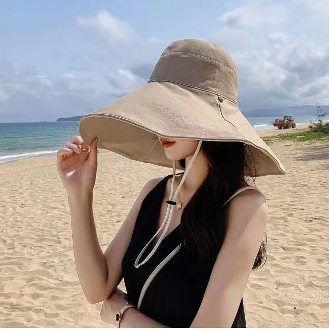 Wide Brim UPF 50+ Sun Hat Women Anti-UV Protection Hiking Fisherman Cap Fold Summer Solid Beach Hat 2024 Double sided Sun hat BAZAARHUBO