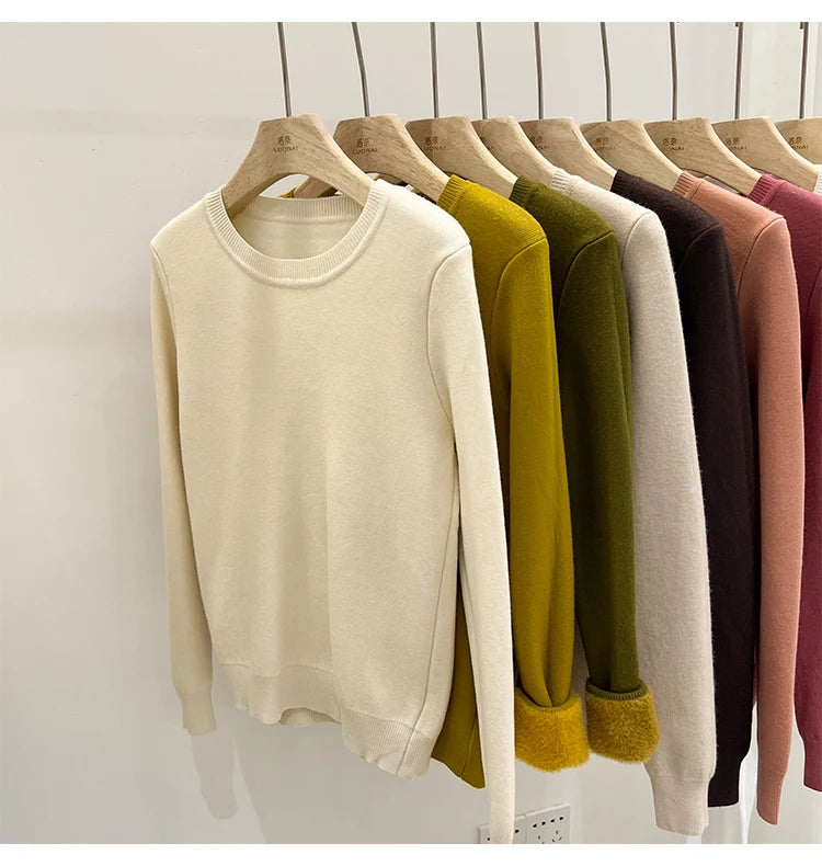 Women's O-neck Velvet Thicken Sweaters Winter Slim Warm Long Sleeve Knitted Tops Casual Plush Fleece Lined Soft Pullovers Ladies