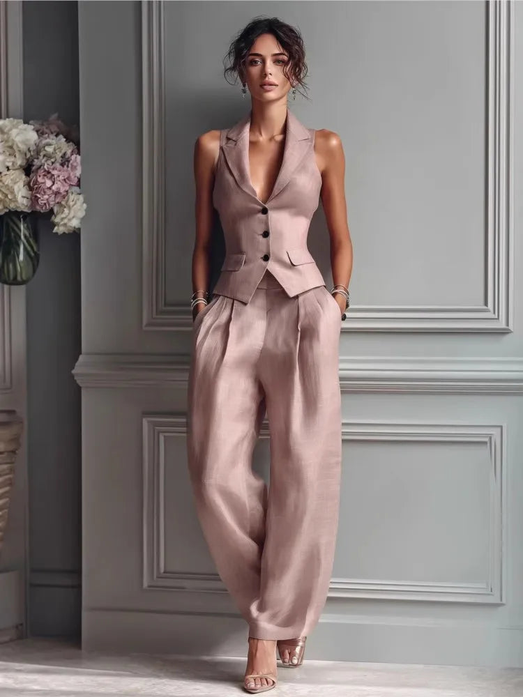 Summer New Fashion Single-breasted Sleeveless Top + Trousers 2-piece Set Women's 2026 Slim Vest Suit Collar Trousers Office Suit