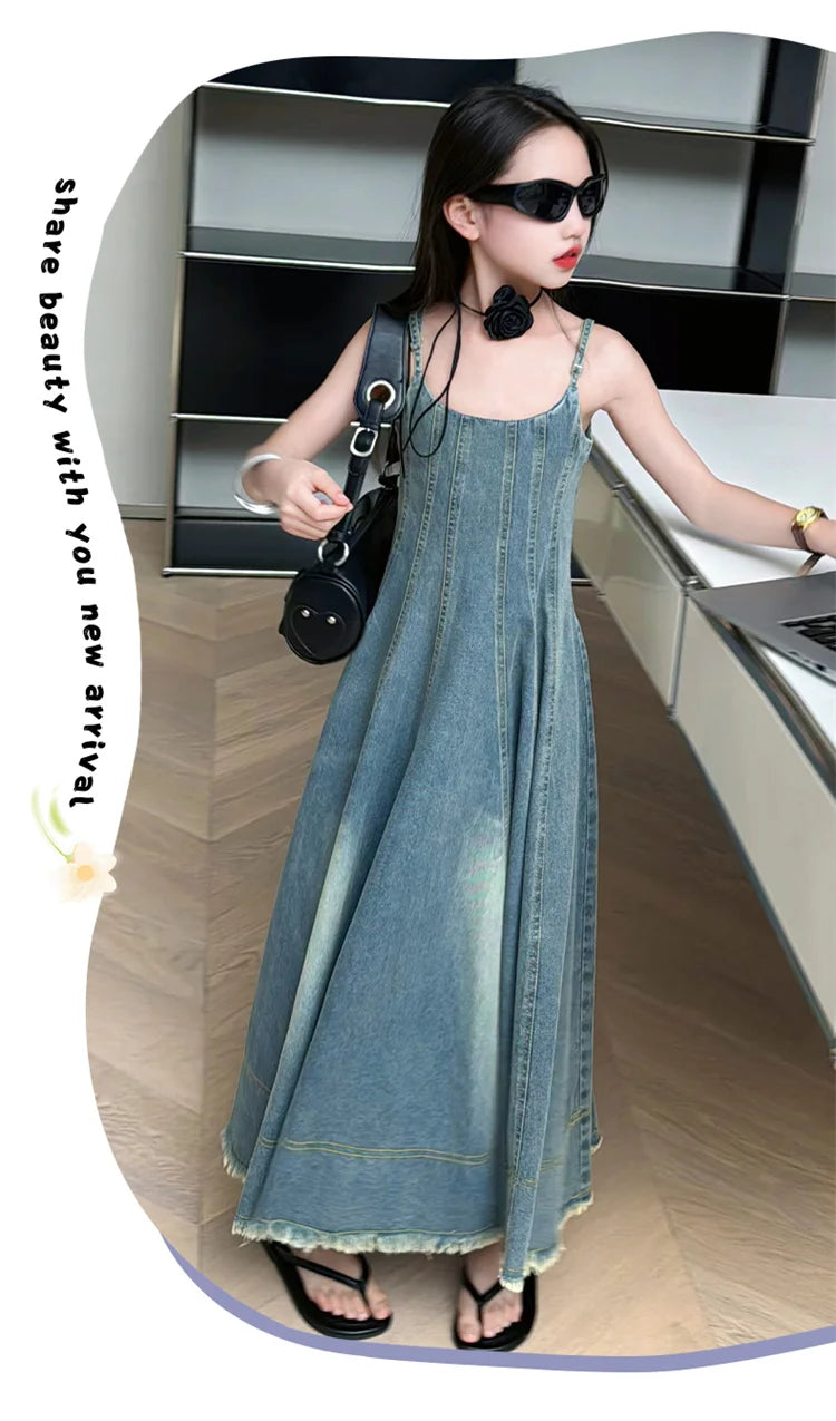 Kids Luxury Clothing Summer Denim Dress with Straps for Teenage Girls High Fashion Streetwear Outfit Children Casual Jeans Dress