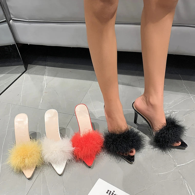 Women Modern Slippers Summer New Sexy Feather Decorate High Heels Stiletto Peep Toe Mules Plus Size Ladies Sexy Pumps Shoes