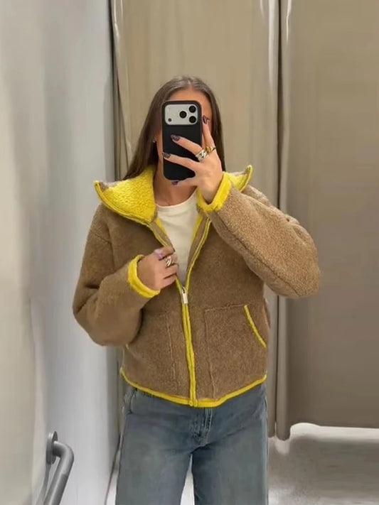 Fashion Contrasting Knitted Cardigan for Women Elegant Long Sleeve Pockets Zipper Sweater 2026 Spring Street Lady Chic Outwear