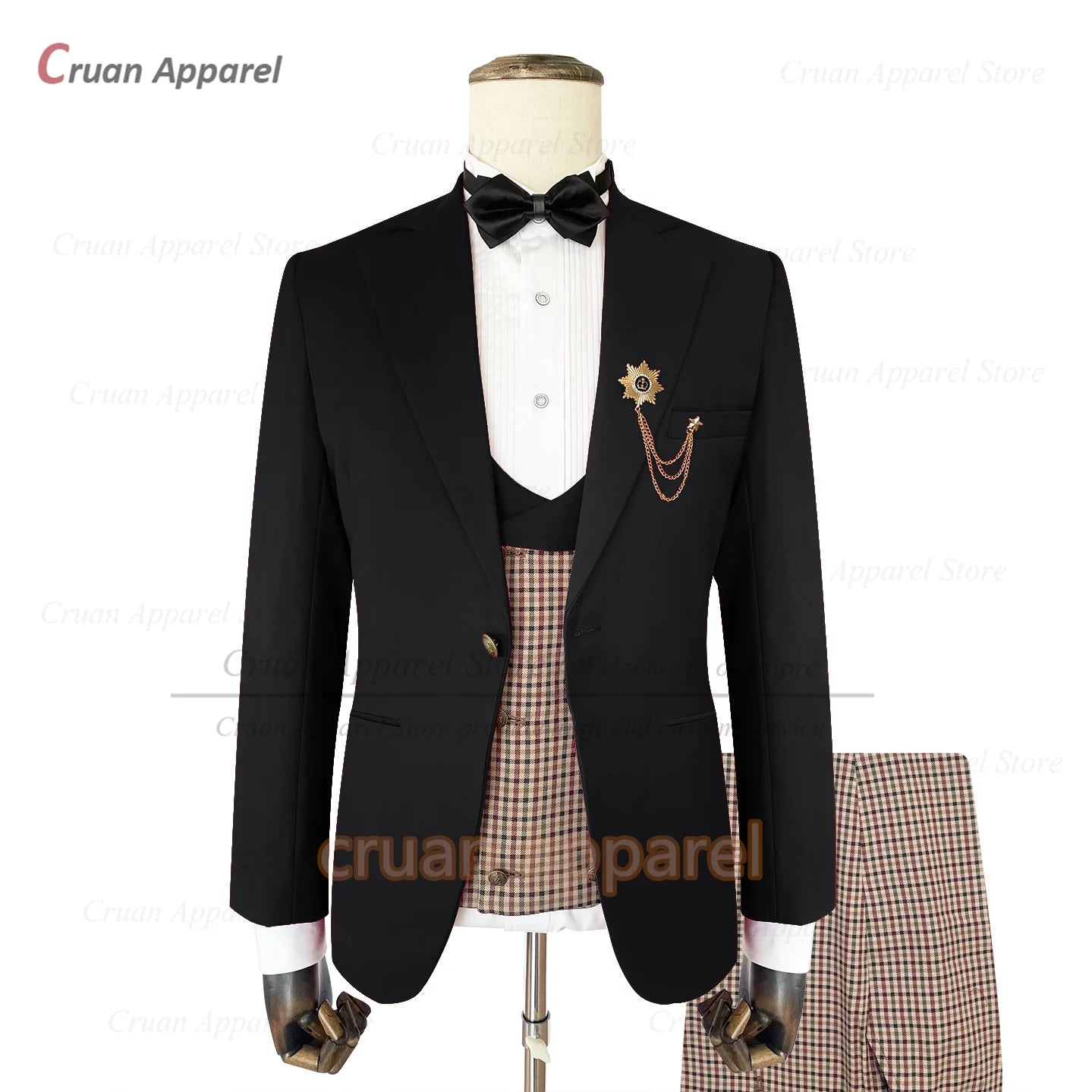 Classic Brown Suit Sets For Men Fashion Checkered Blazer Vest Pants 3 Pieces Formal Party Tailor-made Elegant Slim Fit Costumes