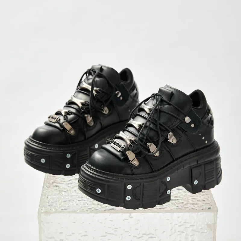 New Fashion Women Lace-Up Sneakers Round Toe Thick Bottom Metal Decoration Woman Ankle Botas Mujer Punk Party Rock Platform Shoe