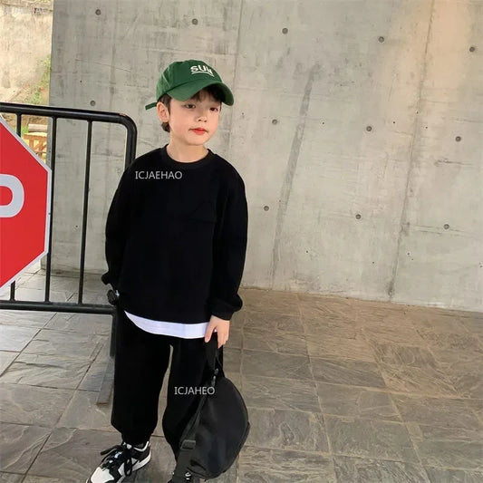 Children Fashion Clothes Suit Boys Casual Spring Sets Costume Kids Solid Colour Sweatshirts+Pants 2Pcs Simplicity Autumn Outfits