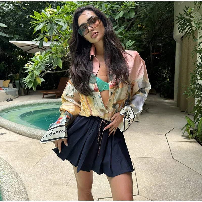 Floral Print Women Two Piece Set With Turn Down Collar Summer Casual Suit