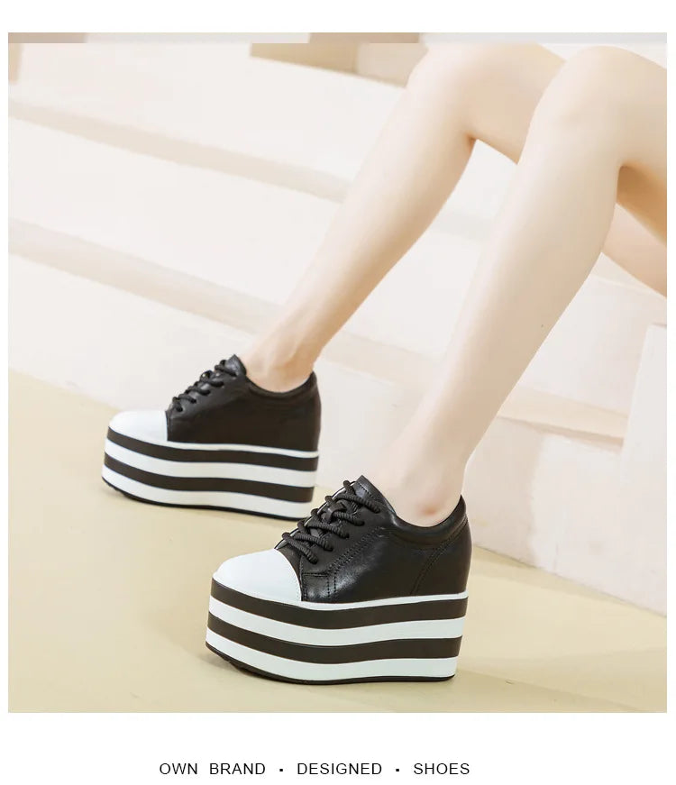 Fujin 12cm Genuine Leather Synthetic Women Autumn Spring Platform Wedge Women Fashion Sneakers Chunky Shoes Vulcanize Skateboard