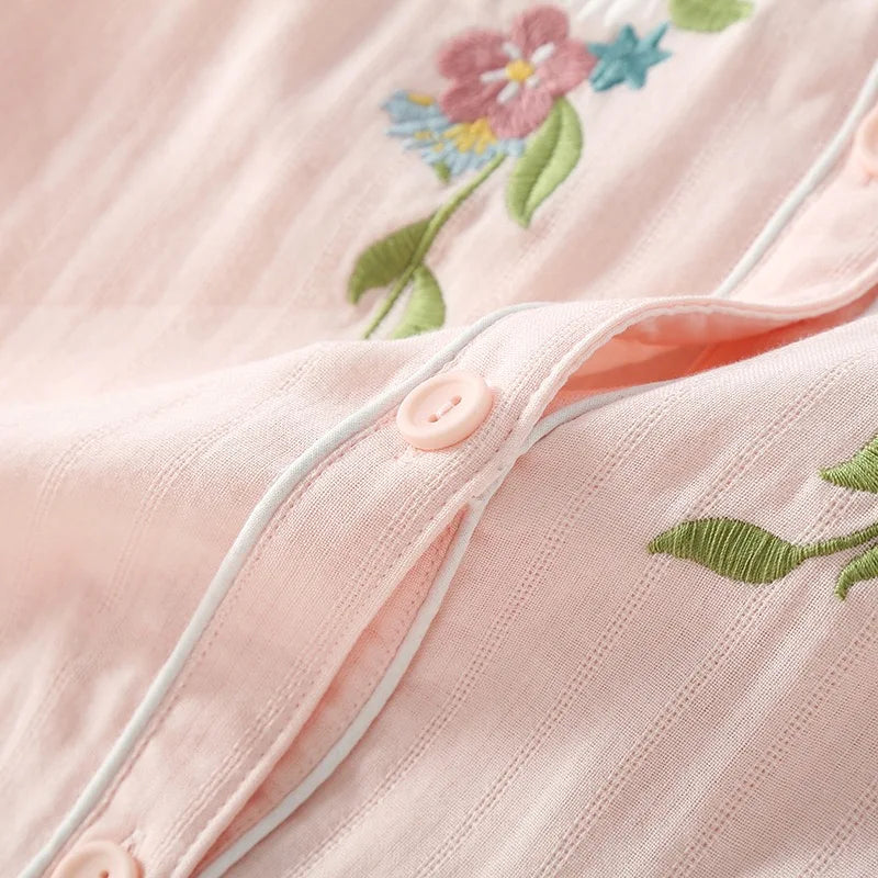 Women 100%Cotton Pajama Style Sleepwear Nightwear embroidery Summer Women's Short Sleeved Long Pants Cardigan Pajama Set