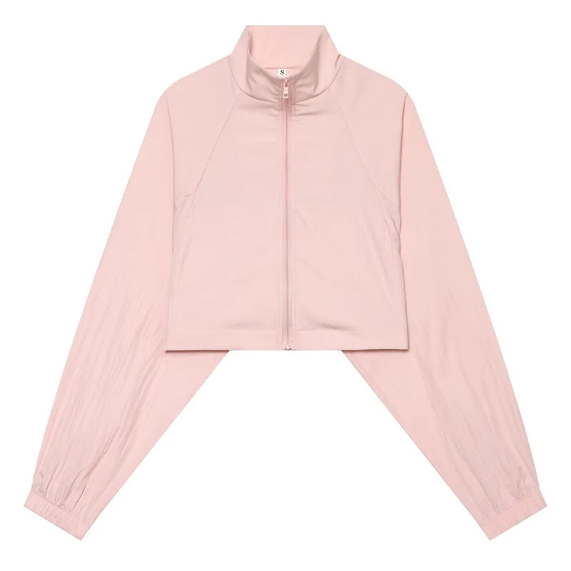 HXAO Women's 2 Piece Tracksuit Set Cropped Jacket Pants Sets Summer Long Sleeve Zip Up Top Wide Leg Trouser Suit Pink Sportswear