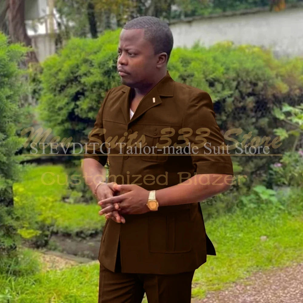 Safari Men Suits with Short Sleeve 2 Pieces Single Breasted Stand Notch Lapel African Fashion Style Set Jacket Pants