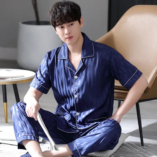 Summer Striped Men Sleepwear Suits Silk Mens Pajamas Turn-down Collar Cardigan Short Sleeve Long Pants Male Pyjamas